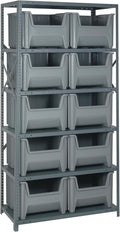 Quantum Storage Systems QSBU-800GY Solid Heavy Duty 6 Shelves 10 Giant Stack Gray Bins 75" H x 36" W x 18" D