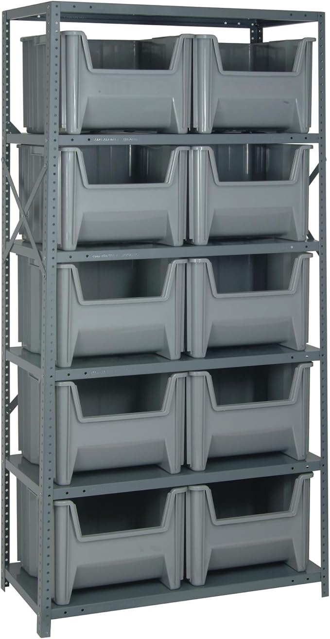 Quantum Storage Systems QSBU-800GY Solid Heavy Duty 6 Shelves 10 Giant Stack Gray Bins 75" H x 36" W x 18" D