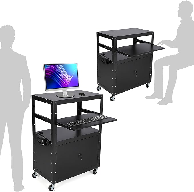 Garvee Mobile AV Cart with Lockable Cabinet, Adjustable Height Laptop Stand, Drop Leaf Workstation, Extra Storage Space, Power Strip Included, Rolling Utility Cart