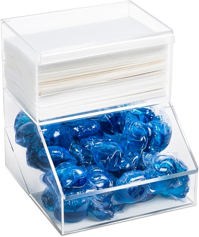 Laundry Pod Holder & Dryer Sheet Dispenser - 2 Compartment Acrylic Container w/Lids for Storing Clothes Pins, Dishwasher Pods for Laundry Room Organization
