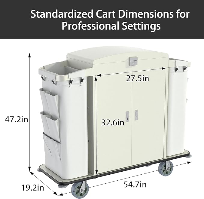 Heavy Duty Metal Housekeeping Janitorial Cart with Wheels,Silent Casters,Locking Large Capacity Cabinets,Cleaning cart for Housekeeping/Commercial Facility/Hotel/Stadium/School