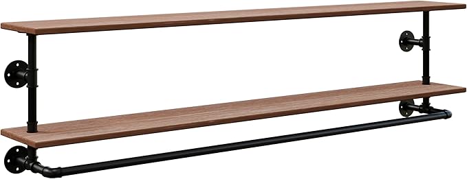 Clothes Rack 55in, 2-Tier Wall Mounted Garment Rack with Real Wood Shelf, Heavy Duty Hanging Clothes Rack, Multi-Purpose Hanging Rod, Space-Saving Closet Storage