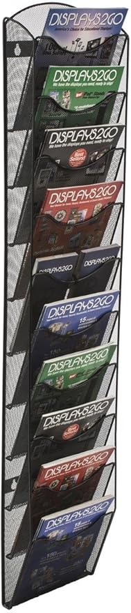 Displays2go Wall Mount Literature Rack, File Folder Organizer, 10 Dividable Pockets (Black Steel Mesh)