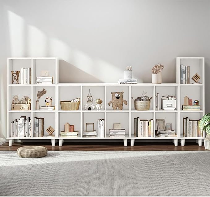 IOTXY Open Cube Low Bookcase - 2-Tier Freestanding Storage Display Cabinet Organizer with Legs for Home Office, 4-Cubes Open Shelf Short Bookshelf, White