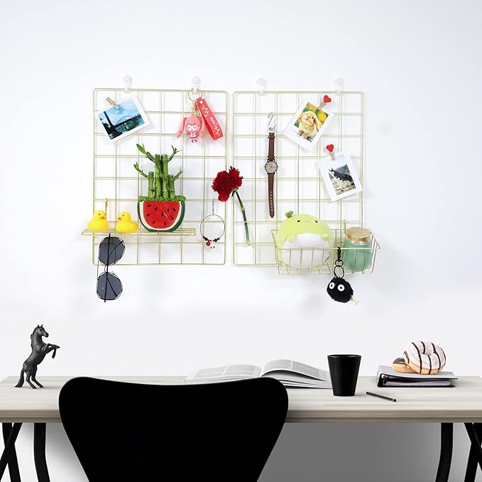 GBYAN Wall Grid 2 Pack Wire Photo Grid Panels Memo Board Wall Organizer(Gold)