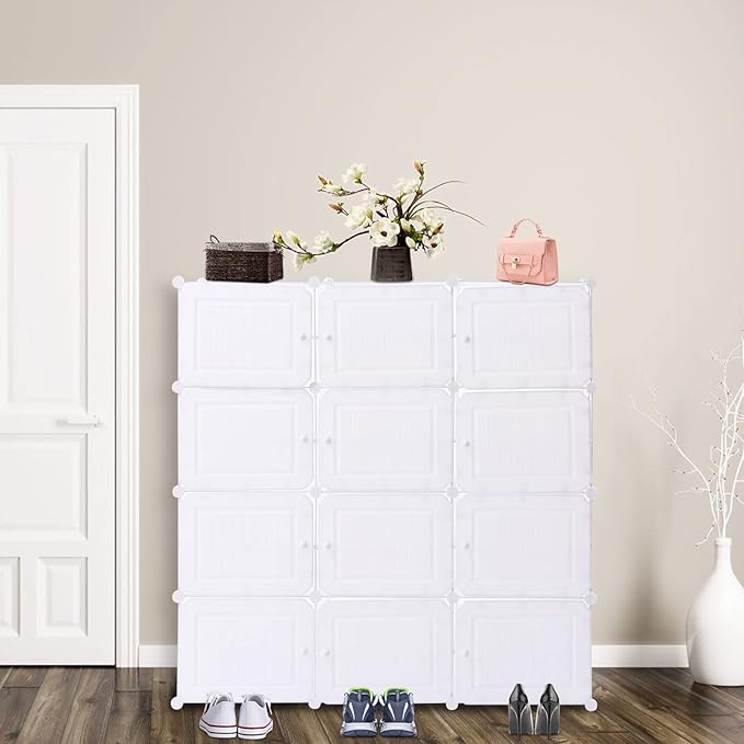 Portable Shoe Rack, 48 Pair DIY Shoe Storage Shelf Organizer, Plastic Shoe Organizers for Entryway, Adjustable Panels, Shoe Cabinet with Doors, White