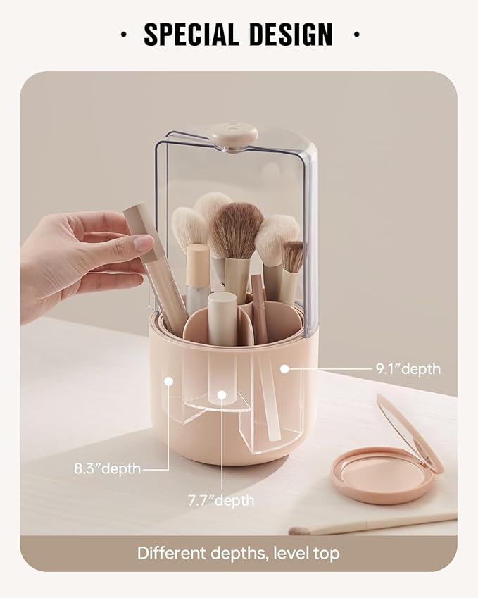 EACHY Makeup Brush Holder 360° Rotating with Dustproof Lid, Waterproof Material, 7 Compartments for Organized Storage, Stylish and Durable Design for Vanity (White)