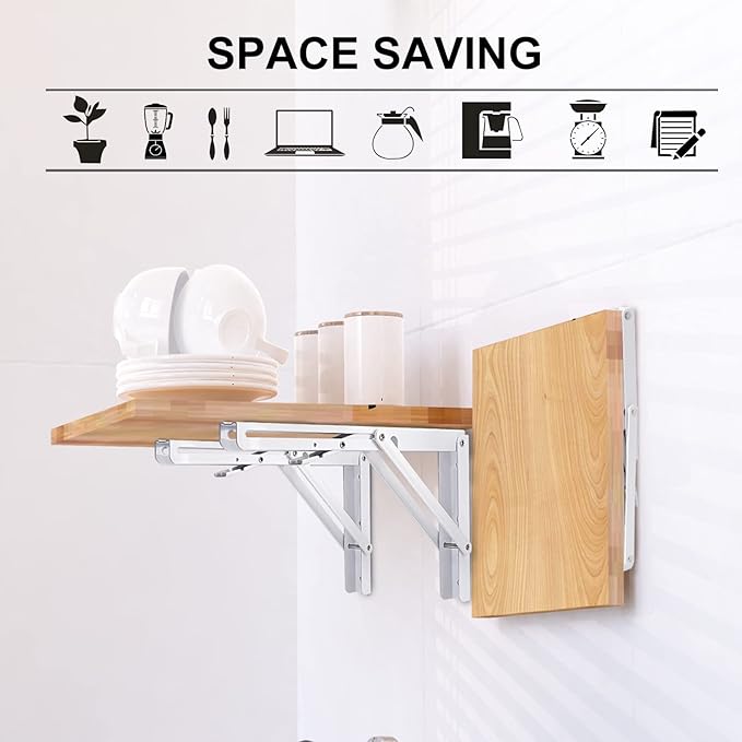 YUMORE Folding Shelf Bracket Heavy Duty, 12 Inch White Collapsible Shelf Bracket, DIY L Bracket for Workbench Folding Table Hinge, Max Load: 330lbs, 2 Pack
