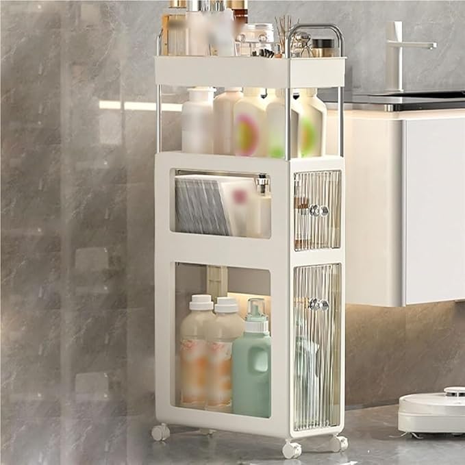 Narrow Bathroom Storage Rack with Drawer Slim Storage Shelf Rolling Cart Organizer for Small Space Laundry Creative idea