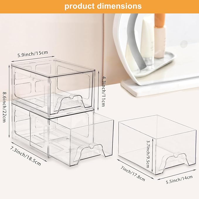 Stackable Makeup Organizer Storage Drawers Set of 4, Clear Plastic Organizer Bins for Beauty Supplies,Ideal for Vanity, Bathroom,Cabinet,Pantry Organization (4 Short)
