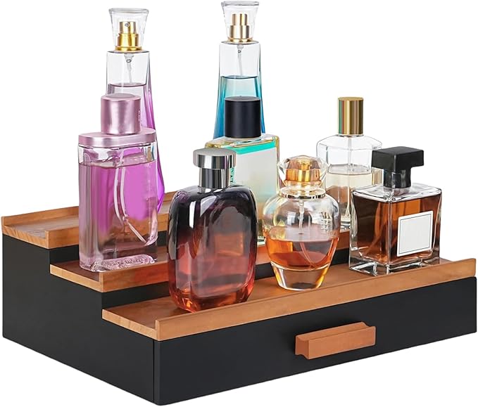 3 Tier Wood Perfume Display Stand | Perfume Organizer Shelf with Drawer | Multifunction Bathroom Storage, Vanity Counter Organizer for Beard Grooming, Shaving Lotion, Watches, Sunglasses, Cologne
