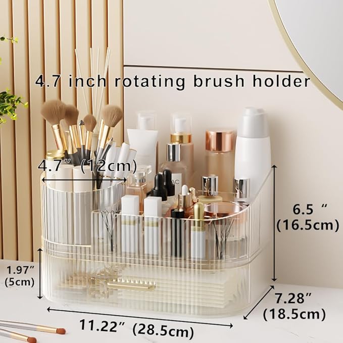 360° Rotating Makeup Organizer with Drawer, Clear Acrylic Cosmetic Storage Display, Stackable Beauty Counter (Clear, Large (Tray + 1 Drawer))