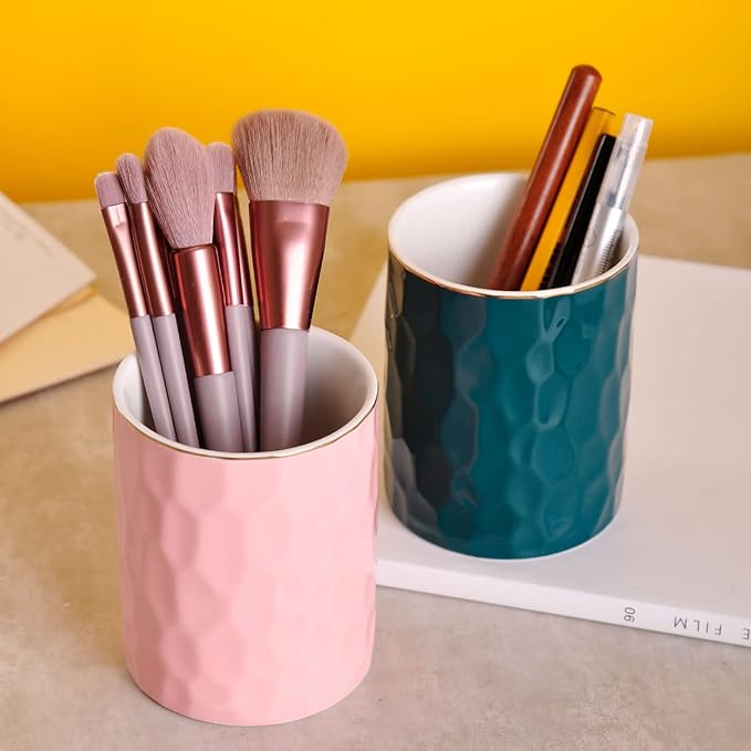 WHJY Ceramic Green Pencil Cup, Makeup brushes Holder, Gold Pen Holder for Desk Cute Small Boho Brush Holder, Modern Geometry Design Pen Holder