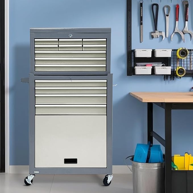 13-Drawer Rolling Tool Chest, 2 in 1 Detachable Tool Chest,Tool Box with Drawers and Wheels, Large Tool Cabinet with Lock, Metal Standing Toolbox for Garage Workshop-Gray&White