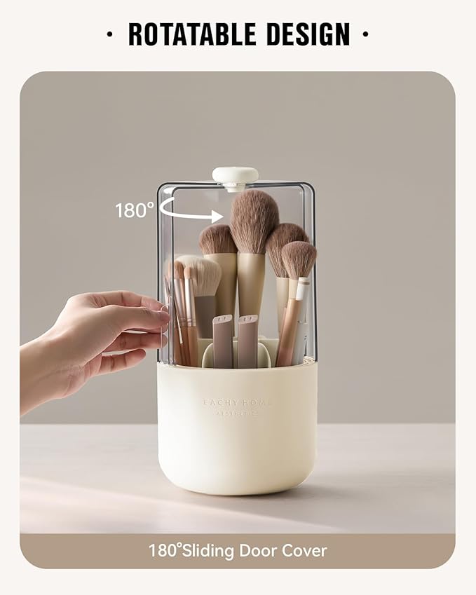 EACHY Makeup Brush Holder 360° Rotating with Dustproof Lid, Waterproof Material, 7 Compartments for Organized Storage, Stylish and Durable Design for Vanity (Beige)
