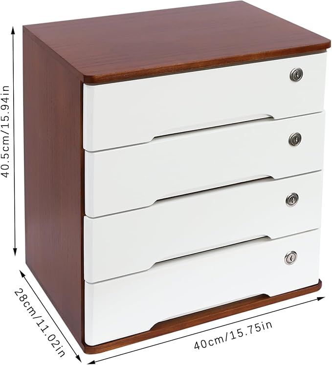 4-Tier Desktop Storage Box with Lockable Drawer, Wooden Desk Organizer for Office Supplies, Flat File Cabinet, Minimalist Design for Home & Office Use(Walnut+White)