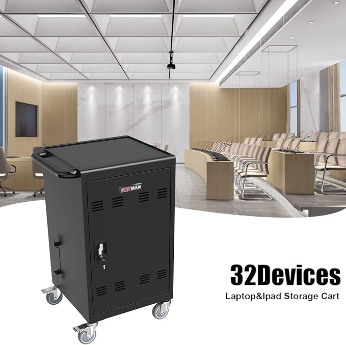 Laptop Charging Cart, 32 Devices Tablet Storage Carts for Ipad up to 16.3" Screen Size, Mobile Charging Station for Classroom, Fast Charging, Security Storage, Easy Use, Black
