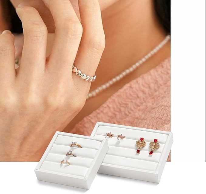 Oirlv 3 Slots PU Leather Small Ring Organizer Earrings Trays Showcase Display Storage Insert Holder for Jewelry Box, Drawer, Dresser(White,S)