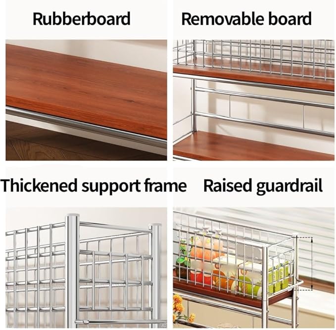 Slim Storage Cart with Wheels, 2 Tier Rolling Cart with Solid Wood Open Shelf, Space-Saving Snack Cart, Utility Cart for Kitchen, Bathroom, Living Room