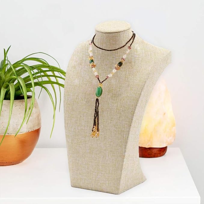 Beige Linen Necklace Display Bust - 15.7" Jewelry Holder for Necklaces, Bracelets, Figure Display Stand (40x23cm)