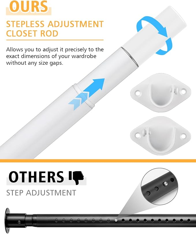 Closet Rod, 17 to 76 Inch Heavy Duty Adjustable Metal Clothing Rack for Hanging Clothes, Closet Poles for Wardrobes, Laundry, Durable Steel, White