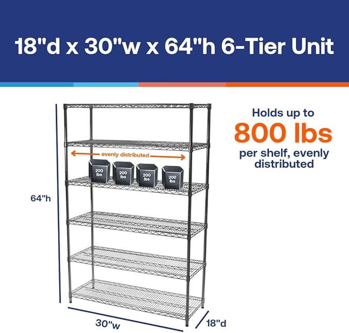 Shelving Inc. 18" d x 30" w x 64" h Chrome Wire Shelving with 6 Tier Shelves, Weight Capacity 800lbs Per Shelf
