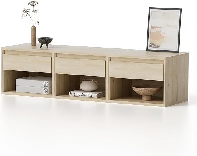 Floating Nightstand Set of 3, Wall Mounted Bedside Table with Storage Drawer and Open Shelf, Modern Night Stand withHandless Design for Living Room, Bedroom, Dorm, Light Oak