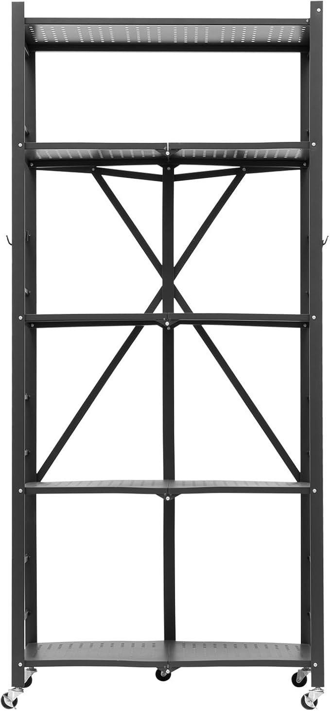 VEVOR 5-Tier Foldable Storage Shelf, 28W x 15D x 64H Inch Folding Metal Rack Shelving Unit, No Assembly Organizer Shelf with 5 Wheels & 4 Hooks for Pantry, Kitchen, Garage, Basement, Black
