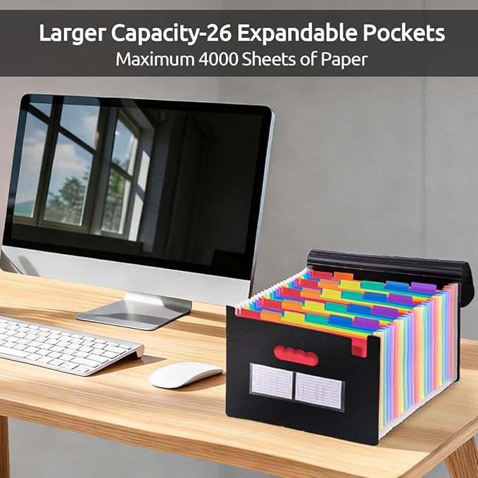 SKYDUE Accordion File Organizer with 26 Pockets & Label Stickers, Expanding File Folders Fit for A4 & Letter Size Paper, Multi-Functional Document Organizer for Home & Office File Management