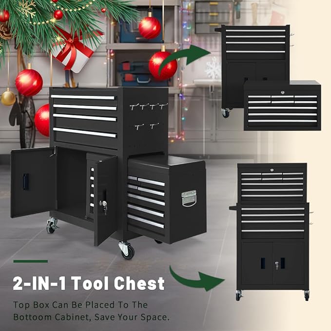13-Drawer Rolling Tool Chest with Double Doors, 2 in 1 Detachable Rolling Tool Chest with Drawers, Mobile Tool Cabinet Combo, Metal Large Lockable Tool Box for Garage Workshop (Black)