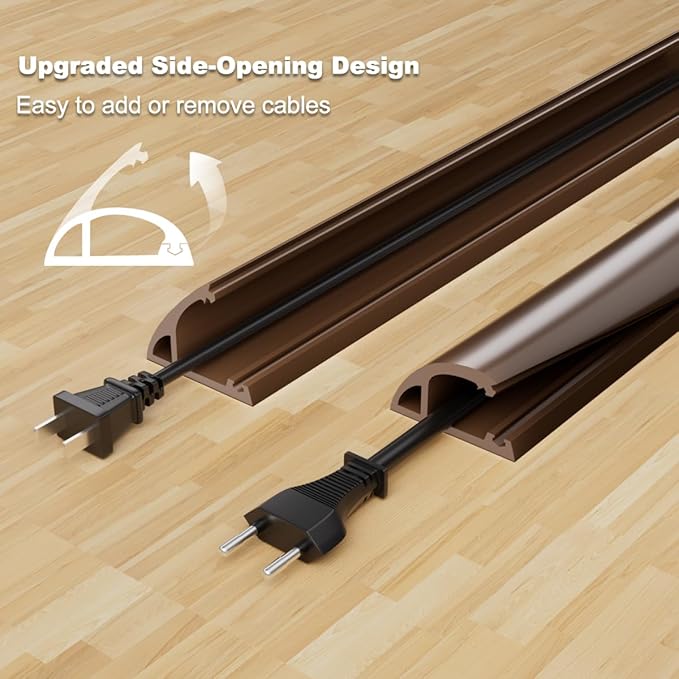4FT Side-Open Extension Cord Covers for Wires on Floor,Silicone Power Cable Protector Cord Hider Management Strip,Hide Electric Wire on Carpet,Chord Runner Protective Safety Wiremold,Brown