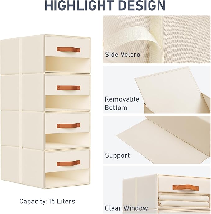 DIMJ Closet Organizers and Storage - Fabric Bins with Drawers for Closet Foldable Clothes Organizers with Clear Window, Stackable Storage Drawers Units for Bedroom, Living Room, Medium 6-Pack, Black