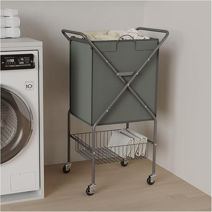 Laundry Basket with Wheels:88L Rolling Laundry Cart Foldable Metal Frame Dirty Clothes Laundry Hamper 36"H 4 Caster 2 Brake Waterproof Removable Liner Carry Handle for Dorm Laundry Room,Gray