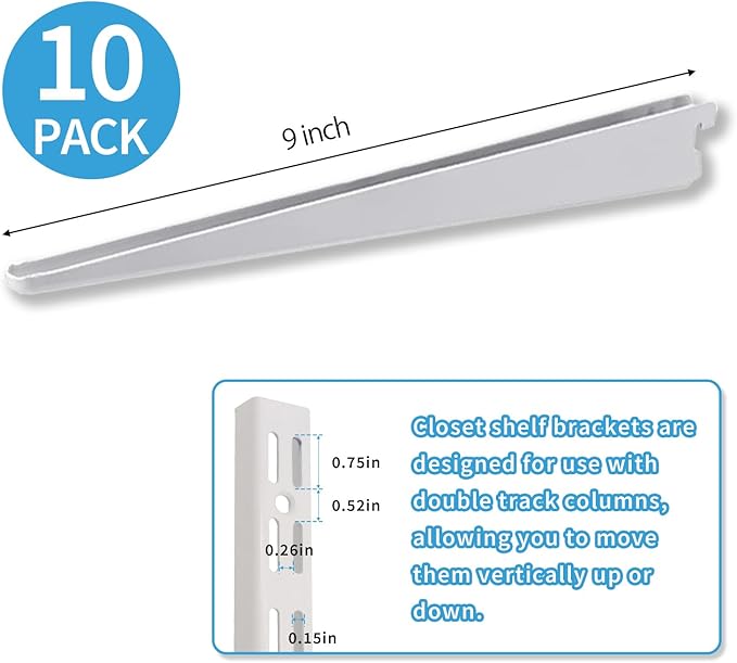 10 Pack 9‑Inch Adjustable Wire Shelf Brackets – Heavy‑Duty Double‑Track Closet & Wall Shelving System Supports（White）