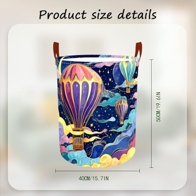 Laundry Baskets 15.7x19.7 Inch Large Hot Air Balloon Night Sky Design Collapsible Laundry Hamper with Handles Oxford Fabric Clothes Storage Bin Foldable Dirty Clothes for Bedroom Bathroom Dorm