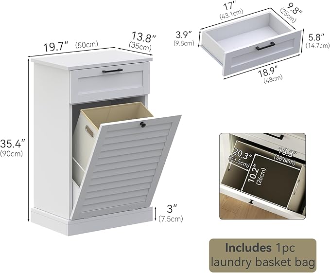 Upgraded Tilt Out Laundry Hamper Cabinet, 15 Gallon Trash Can Cabinet with Shutter Front & Drawer, Hidden Garbage Can Bin Cabinets with Laundry Storage Basket for Bathroom, Kitchen (White, Single)