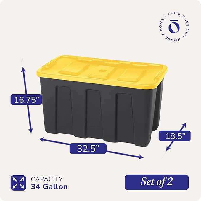 HOMZ 2-Pack Durabilt Tote, Heavy Duty Plastic Storage Bins with Lids, 34 Gallon, Black/Yellow - Stackable Organizing Containers for Home, Garage, and Office