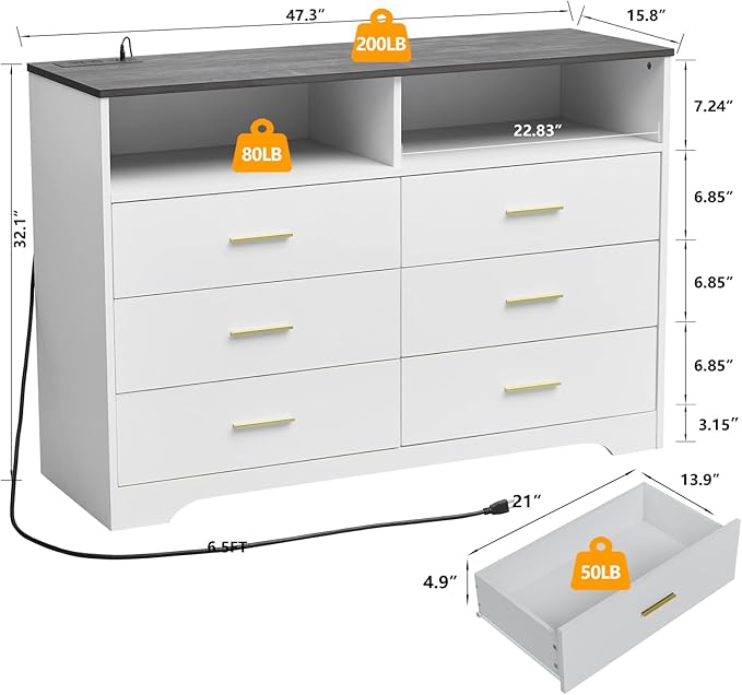 LIDYUK Dresser for Bedroom, Wood Dresser with 6 Drawers, Modern Minimalist Dressers & Chest of Drawers with Charging Station & LED Lights, 48 Inches TV Stand for Bedroom, Living Room, White