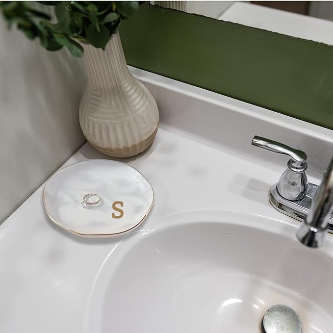 Initials Ring Dish Jewery Tray with Personalized S-Monogrammed Gifts Wedding Engagement for Women Friends Sister,Ceramic White