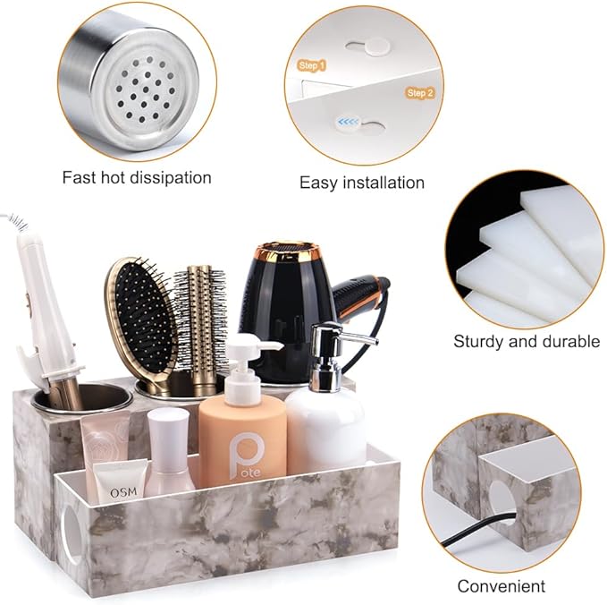 Marble Hair Tool Organizer - Bathroom Vanity Storage for Hot Tools, Hair Dryer, Curling Iron, Flat Iron & Straightener