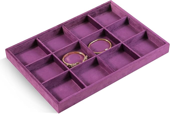 Velvet Stackable Jewelry Display Tray, 12 Grid Watch Bangle Bracelet Storage Tray, Makeup Drawer Insert Jewelry Shop Organizer Plate (Purple)