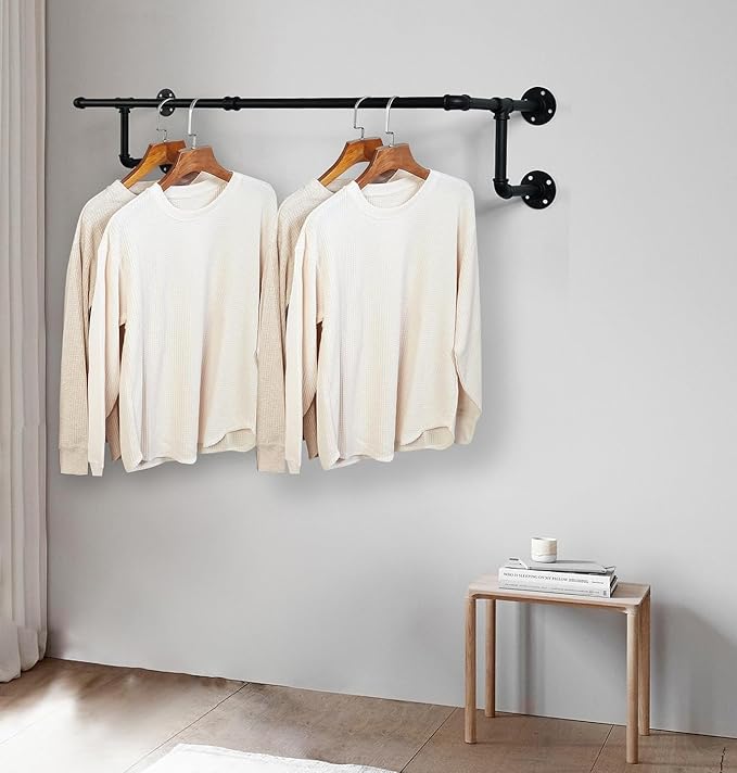 Clothes Rack, Industrial Wall Pipe Clothing Rack for Hanging Clothes, Wall Mounted Heavy Duty Space Saving Garment Rack, Multi-Purpose Clothing Hanging Rods for Closet Storage, Black, 2Pcs