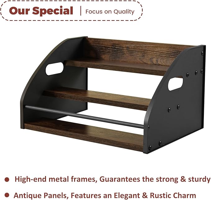 3-Tier Liquor Bottle Display Shelf, Exquisite Metal Design, Extra Large Bar Organizer for The Home Bar, Countertop Wine Rack with Smooth Handles, Retro Bar Shelf Stand for Whiskey, Spirits