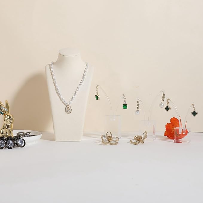 GemeShou Beige necklace storage organizer for sale, Velvet necklace holder stand, jewelry bust display stands, Jewelry Mannequin for Countertop, Showcase【Beige-Small height 7.68 inch】