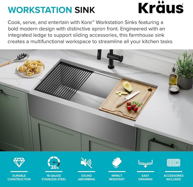 KRAUS Kore 36-Inch Farmhouse Workstation 16 Gauge Single Bowl Stainless Steel Kitchen Sink with Accessories, KWF210-36