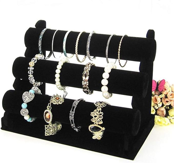 Barelove Velvet Bracelet Holder with 3 Tier Rack, Black T-Bar Storage Organizer Detachable Display Stand for Necklace Watch Bangles Bracelets Scrunchies Organization Showcase