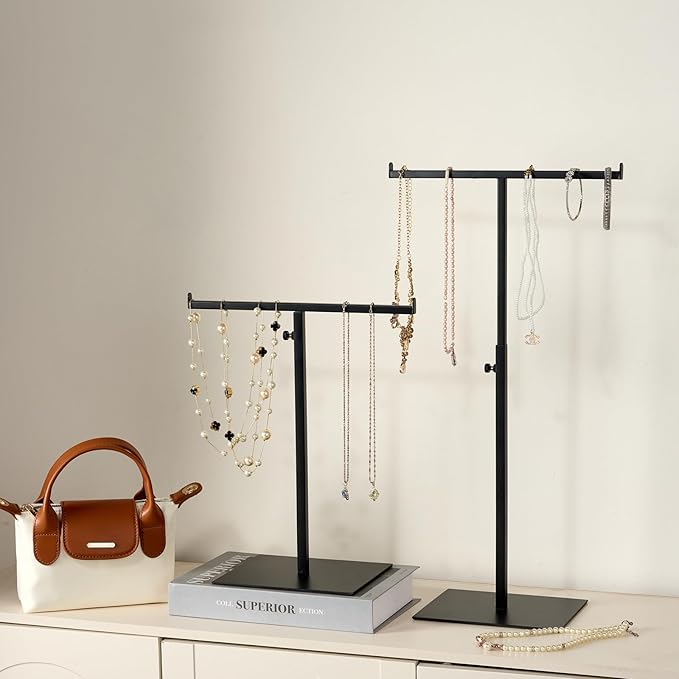 Purse Display Stand Jewelry Towers - 2 Pack Purse Stand Handbag Bag Display Black Tabletop Stainless Steel Hook Hanging Jewelry Stands for Necklaces Organizer Adjustable Height Home Store Boutique