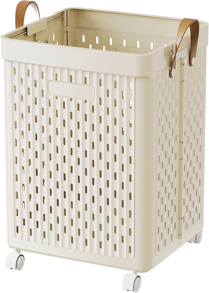 UAK Laundry Basket with Wheels, Collapsible Plastic Laundry Hamper with Handle, Foldable Laundry Basket Organizer for Laundry and Bathroom (Light Yellow, XXL)