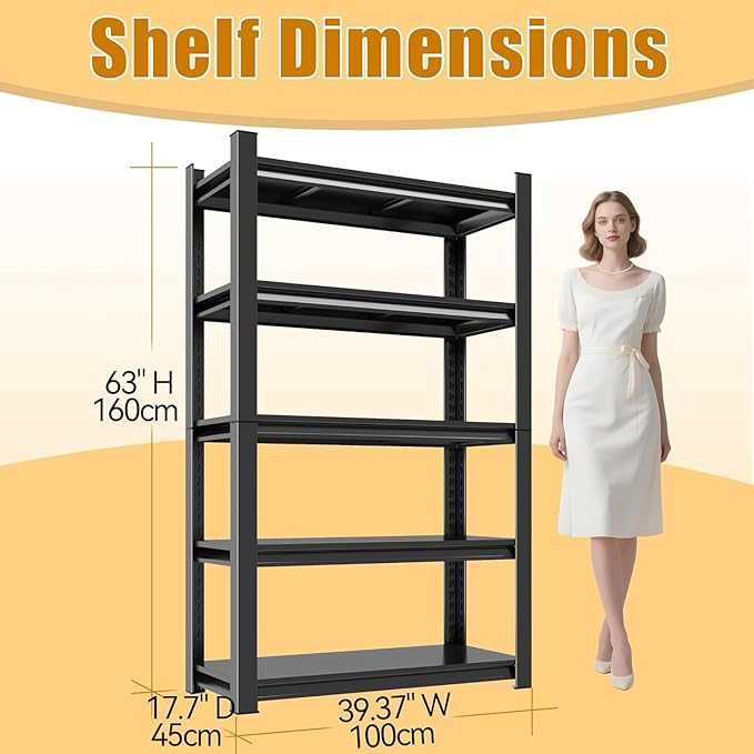 Garage Storage Shelves,5 Tier Shelving Unit, 40 inch Wide, 18” Deep, 78” Tall Organizer Metal Shelf for Basement/Laundry/Pantry Heavy Duty, Adjustable,Easy to Install (4Tier-39"WX18"DX63"H)