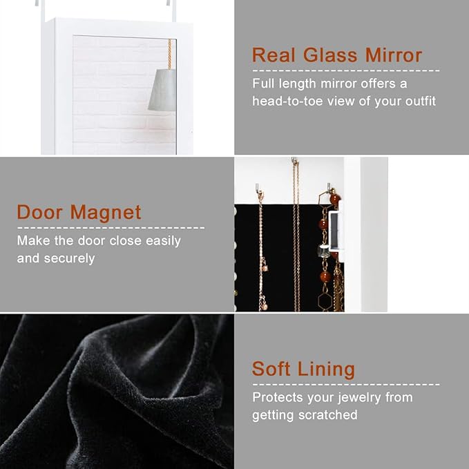 Giantex Jewelry Armoire with Full Length Mirror, Wall and Door Mounted Jewelry Cabinet Organizer with Magnetic Door, Large Storage for Earrings, Rings, Necklaces & Accessories, White
